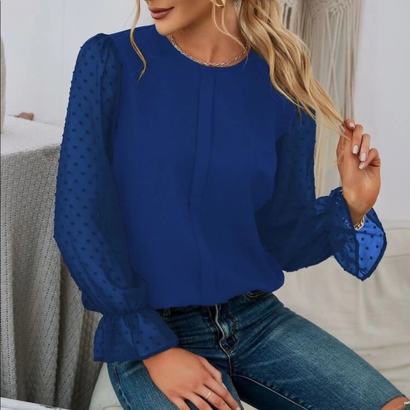 Blue Swiss dot flounce sleeve blouse - Picture 9 of 16